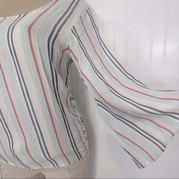 Drew Striped Statement Top Low Back Statement Sleeves Deep Scoopneck XS - Picture 3 of 12